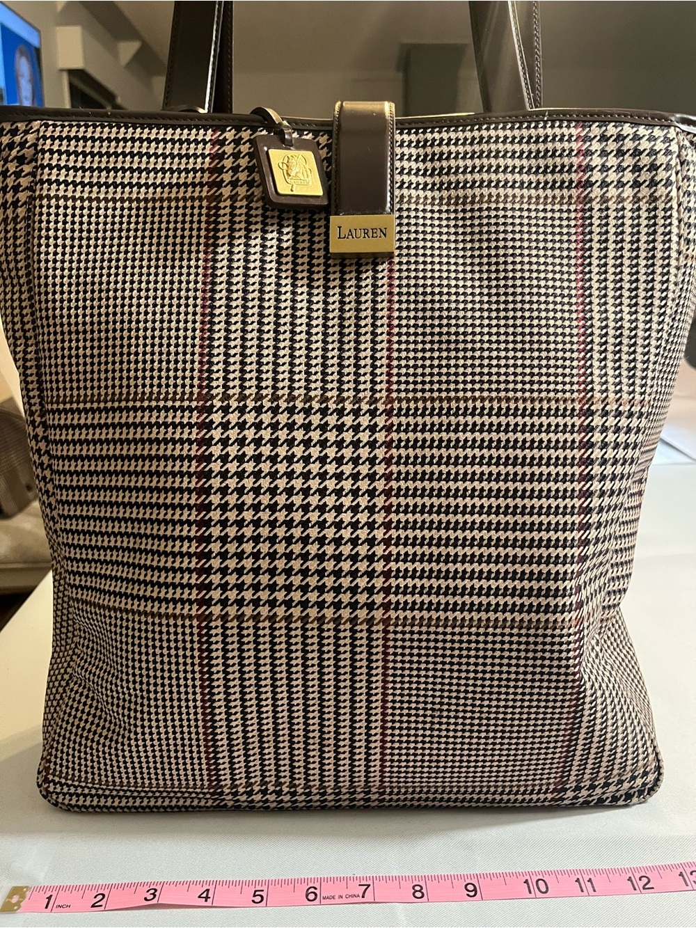 Ralph Lauren Black and White Houndstooth Tote with Subtle Red Stripes